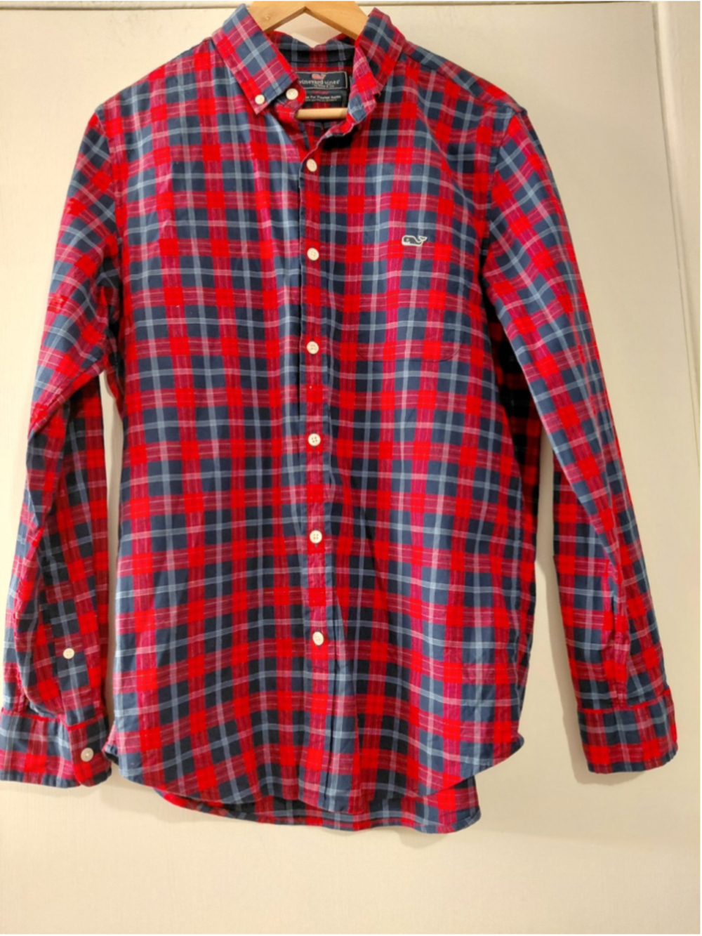 Vineyard Vines Shirt Mens Medium Red Blue Plaid Slim Fit Tucker Whale Button Up